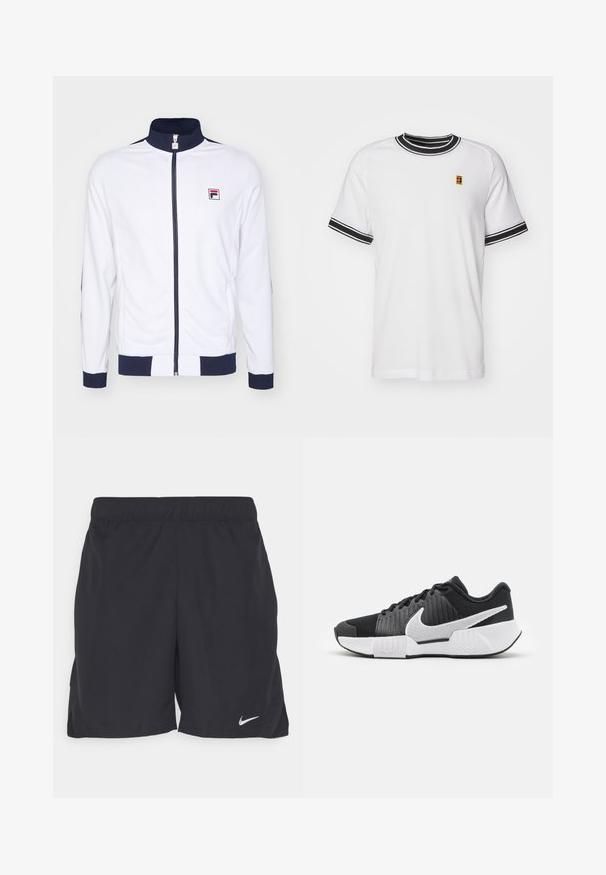White zip-up jacket with a high collar, navy accents on cuffs and shoulders, featuring a small red and blue logo on the chest.; White short-sleeve t-shirt with black striped collar and cuffs. Features a small, colorful logo on the chest. Made from mesh fabric.; Black athletic shorts made of lightweight fabric, featuring an elastic waistband and a small white Nike logo on the lower left side.; Black athletic shoes with a textured upper, white swoosh logo, padded heel, and a contrasting white sole featuring a zigzag pattern.
