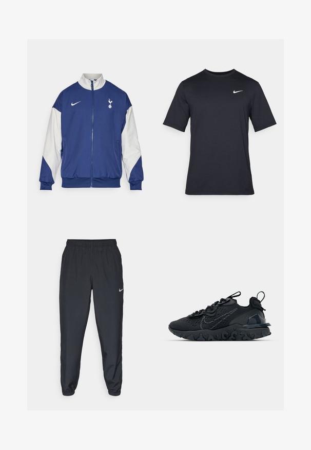 Navy blue jacket with white sleeves, full zip closure, high collar, Nike logo, and Tottenham Hotspur emblem on the left chest.; Black short-sleeve Nike t-shirt made of smooth fabric, featuring a white swoosh logo on the upper left side, crew neckline.; Black track pants made from lightweight fabric with an elastic waistband, ankle cuffs, and a discreet Nike logo on the left side.; Black athletic shoe with a breathable mesh upper, textured accents, and a wavy rubber sole. Features reflective logo and lacing system.