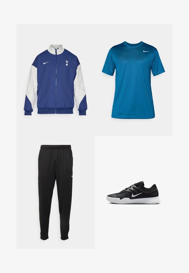 Casaco azul-marinho com mangas brancas, fechamento com zíper completo, gola alta, logotipo da Nike e emblema do Tottenham Hotspur no lado esquerdo do peito.; T-shirt atlético de manga curta em azul, feito de um tecido liso e que absorve a humidade. Apresenta um decote redondo e um pequeno logótipo no peito.; Calças de desporto pretas feitas de tecido suave, com uma cintura elástica, pernas ajustadas e um pequeno logo branco no lado esquerdo.; Sapatilha atlética preta com um cabedal texturizado, swoosh branco da Nike e uma sola de borracha branca. Apresenta um design com atacadores e uma forma dinâmica.