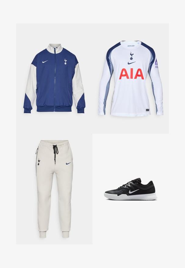 Tengerészkék dzseki fehér ujjal, teljes cipzáros záródás, magas nyak, Nike logó és Tottenham Hotspur embléma a bal mellkason.; Fehér, hosszú ujjú focimez, navy kék részletekkel, a Tottenham Hotspur logójával és piros "AIA" felirattal az elején.; Világosszürke Nike melegítőnadrág fekete részletekkel. Hímzett logók, elasztikus derékpánt zsinórral és gumírozott bokák jellemzik.; Fekete sportcipő texturált felsőrésszel, fehér Nike logóval és fehér gumitalppal. Fűzős kialakítással és dinamikus formával rendelkezik.