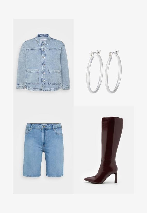 Heledsinine teksajakk, millel on nööpidega eesmine kinnitus, terav krae ja kaks rinnataskut. Omab kulumise jälgi allservas ja kerget pleekimist.; Hele sinine denim särk lühikeste varrukatega, millel on kaks esist pocketit ja kaunistatud väikeste hõbedaste nööpidega.; Heledad sinine teksade lühikesed püksid klassikalise lõikega, millel on ees nööp sulgemine, vöökonksud ja kaks külge taskut. Silusd tekstuur ja sirge äär.; Even&Odd Saapad - dark red; Hõbedased rõngaskõrvarõngad, millel on sile, läikiv viimistlus. Ümmargune kuju ja turvaline klõpsulatus. Kerge disain, sobib igapäevaseks kandmiseks.