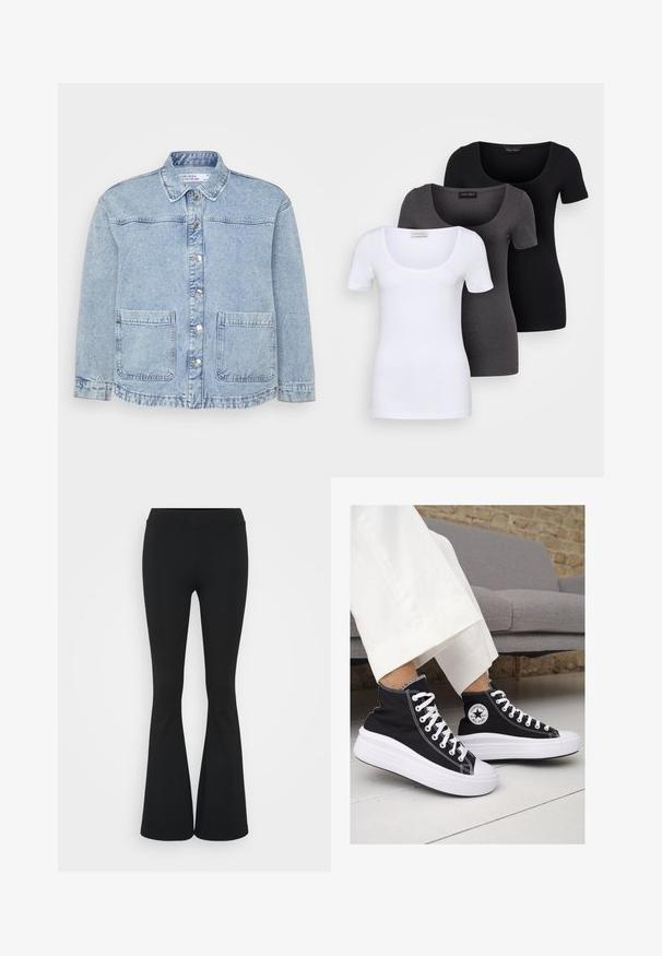 Jasnoniebieska kurtka dżinsowa z zapinaniem na guziki, spiczastym kołnierzem i dwiema kieszeniami na piersi. Posiada postrzępiony dół oraz delikatne przetarcia.; Trzy dopasowane koszulki w kolorze białym, szarym i czarnym. Każda z nich ma szeroki dekolt w serek i krótkie rękawy. Wykonana z gładkiego, elastycznego materiału.; Czarne spódnice dzwonowe wykonane z elastycznego materiału, z wysokim stanem i gładką fakturą. Spodnie rozszerzają się od kolana.; Czarne trampki typu high-top z białą gumową podeszwą i sznurowadłami. Posiadają okrągłe logo z boku oraz kontrastujące białe szwy.