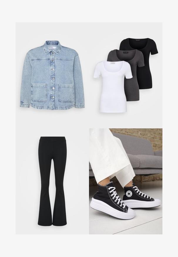 Vaaleansininen farkkutakki, jossa on napitettava etuosa, terävä kaulus ja kaksi rintataskua. Sisältää rikkinäisen helman ja hienovaraisen haalistumisen.; Kolme istuvaa T-paitaa valkoisena, harmaana ja mustana. Jokaisessa on leveä avara pääntie ja lyhyet hihat. Valmistettu sileästä ja joustavasta kankaasta.; Mustat leveät housut, jotka on valmistettu joustavasta kankaasta, ja joissa on korkea vyötärö sekä sileä pinta. Housut levenevät polven kohdalla.; Mustat korkeavartiset tennarit, joissa valkoiset kumipohjat ja nauhat. Koristettu pyöreällä logotarralla ja valkoisilla kontrastisaumoilla. Materiaali on canvas.