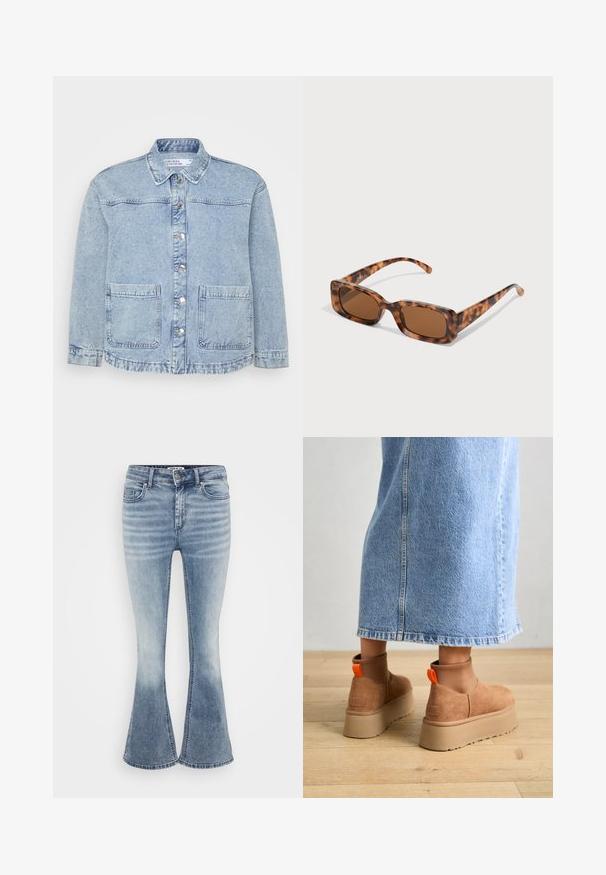 Svetlo modra jeans jakna z gumbastim zapiranjem spredaj, koničastim ovratnikom in dvema žepoma na prsih. Ima raztrgane robove in subtilno bledenje.; Even&Odd Petite 3 PACK - Majica z dolgimi rokavi - black/white/light green; Svetlo modri razširjeni traper hlače s klasičnim petim žepom, z zadrgo spredaj in subtilnim zbledeljem vzdolž stegen.; Rjave suede platform čizme z elastičnimi stranskimi paneli in oranžnimi zankami, v kombinaciji s svetlobno denim krilom do kolen na lesenem tleh.; Želve sunčane naočale s pravokutnim smešnim lećama, debelim okvirom i tankim ručkama s uzorkom različitih nijansi smeđe boje.; Zlate uhane v obliki obročkov z gladko, sijočo površino. Krožna zasnova s majhnim nosilcem in prozornim podplatom za varno nošenje.