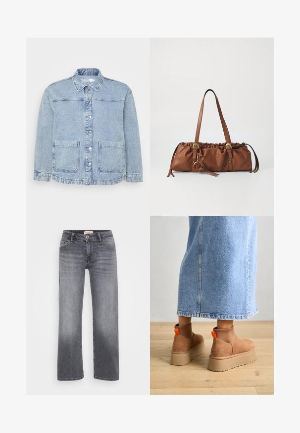 Lichtblauwe denimjacket met een knoopsluiting aan de voorkant, een puntige kraag en twee borstzakken. Bevat een rafelrand en subtiele vervaging.; Even&Odd Petite 2 PACK - Top - light grey/black; Grijze denim jeans met een recht gesneden ontwerp, vijf zakken stijl, subtiele vervaging en een knoopsluiting in de taille.; Bruine suède platformlaarzen met elastische zijkanten en oranje trekbandjes, gecombineerd met een lichtdenim rok tot de knie op een houten vloer.; Bruine leren handtas met geplooide bovenkant, verstelbare banden en metalen accenten. Heeft een ronde gevlochten details aan de zijkant.; Zilveren oorbel met een gepolijste afwerking, met kleine gouden accentdetails en een ronde vorm, gedragen op de oorlel.