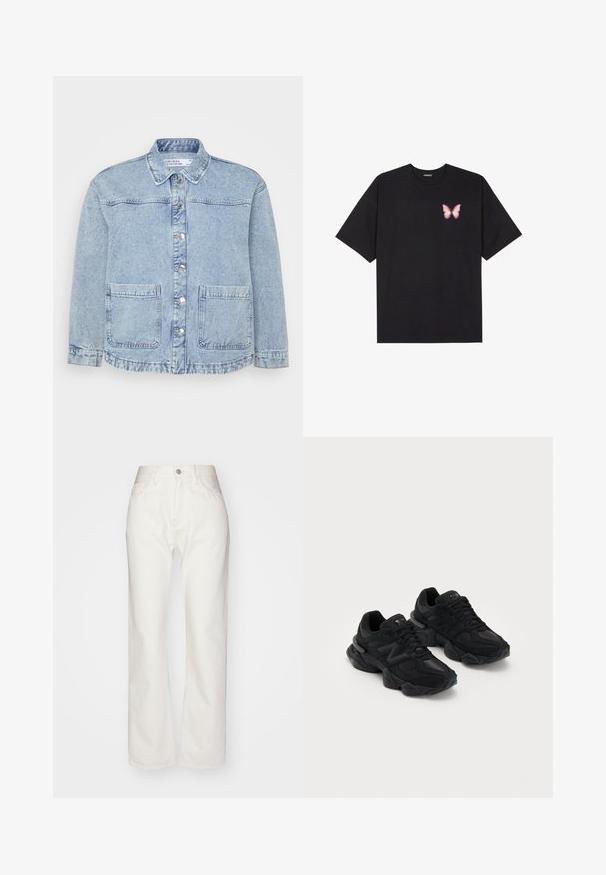 Svetlo modrá denimová bunda s predným zapínaním na gombíky, špicatým golierom a dvoma náprsními vreckami. Má rozstrapkaný lem a jemné vyblednutie.; Čierne bavlnené tričko s krátkymi rukávmi, s malým ružovým motýlikom na ľavej hrudi. Design s okrúhlym výstrihom a uvoľneným strihom.; Biele džínsy so zvýšeným pásom a širokými nohavicami. Majú zapínanie na gombík a zips, pútka na opasok a jemné detaily stehov.; Čierne športové topánky s textúrovaným zvrškom, s výrazným logom "N", polstrovanou podrážkou a elegantným, moderným siluetom.