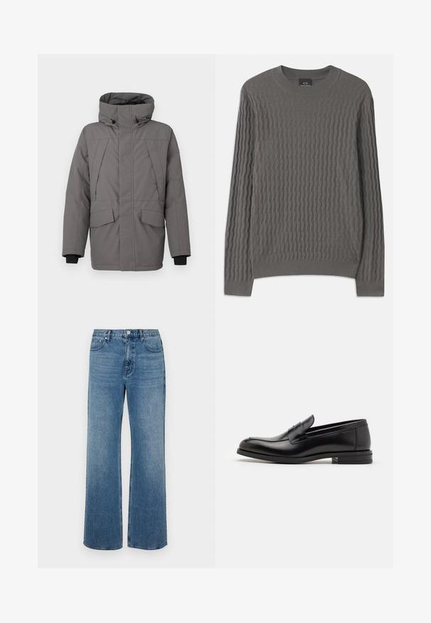 Pilkas izoliuotas švarkas su aukštu apykakle, užtrauktuku ir dviem priekiniais kišenėmis. Yra juodi rankogaliai ir subtilūs siuvimo akcentai.; Armani Exchange Džemperis - dark gull zig zag; Platus blaujos džinsai, pagaminti iš dėvėtos džinsinio audinio. Sukurtas su penkiomis kišenėmis, priekiniais sagčių uždarymu ir tiesiu kirpimu.; Juodos odinės loafers, turinčios lygų paviršių, apvalią noselę ir dekoratyvinę juostą per priekinę dalį. Žemas krentantis kulnas, minimalistinis dizainas.