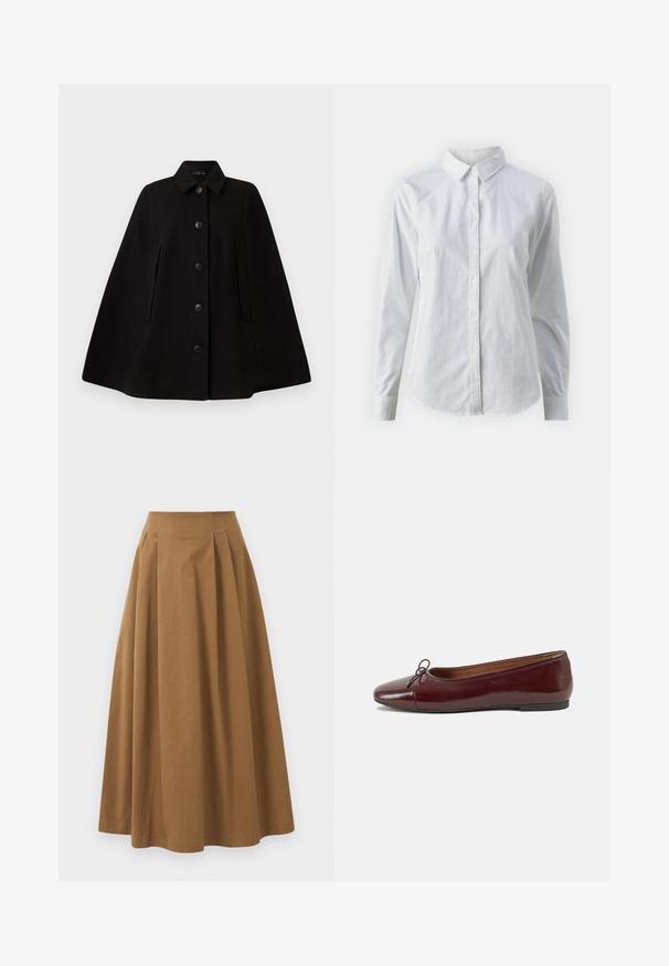 Capa de lã preta com gola, fecho à frente com botões, bolsos laterais e uma silhueta estruturada. Textura suave, sem padrões ou adornos.; Camisa branca de botão feita de algodão suave, com colarinho clássico, mangas longas e bainha curva. Os botões são pequenos e brancos.; Saia A-line de algodão castanho com cintura alta, apresentando pregas na parte da frente e uma textura suave. As bordas da bainha são limpas e simples.; Bailarinas em couro sintético borgonha com bico redondo, pequeno laço na frente e sola baixa em borracha preta. Textura suave.