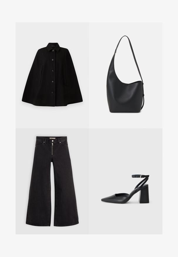 Black woolen cape coat with a collar, front button closure, side pockets, and a structured silhouette. Smooth texture, no patterns or embellishments.; Black cotton t-shirt with short sleeves, featuring a small pink butterfly graphic on the left chest. Crew neck design with a relaxed fit.; Wide-leg jeans in black denim with a zippered front, five-pocket design, and subtle stitching details. Smooth texture and casual style.; Black leather pointy-toe pump with an ankle strap and a chunky heel. Flat texture, sleek design, and minimalistic aesthetics.; Black leather hobo bag with a smooth texture, curved shape, and single adjustable strap; features a wide opening at the top.