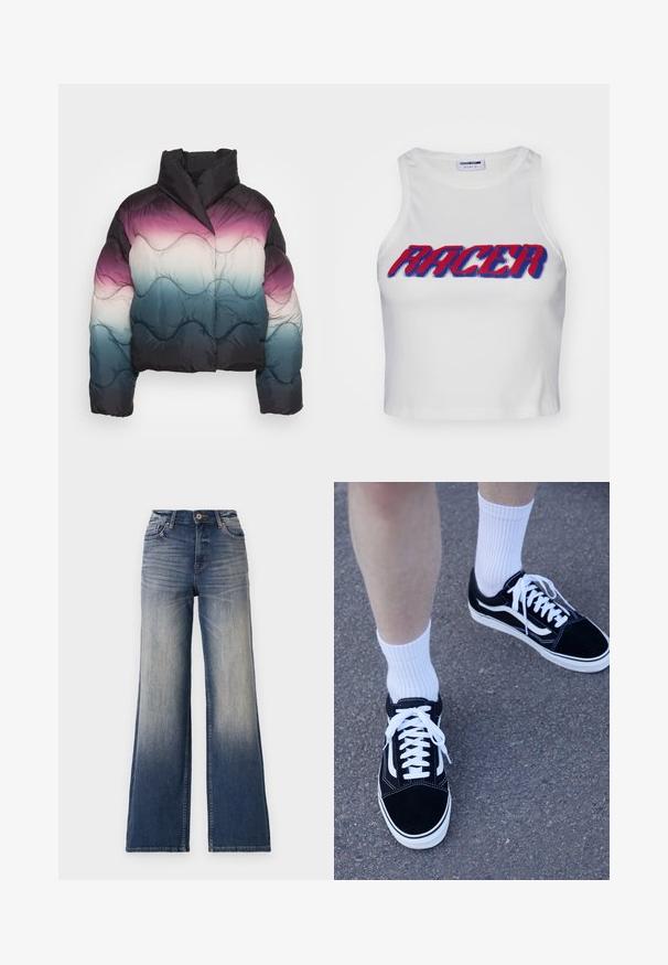 Weekday BRIGHT PUFFER JACKET - Casaco de inverno - winegradient; Top cropped branco com textura em espinha de peixe, apresentando a palavra "RACER" em letras grandes vermelhas e azuis na frente.; Jeans de perna larga de cintura alta em denim azul claro a escuro com desvanecimentos, apresentando um fecho de botão e passadores de cinto. Bainha limpa e sem brilhos visíveis.; Sapatilhas de camurça pretas com detalhes e atacadores brancos, combinadas com meias de crew em branco com nervuras, posicionadas sobre uma superfície cinza texturizada.