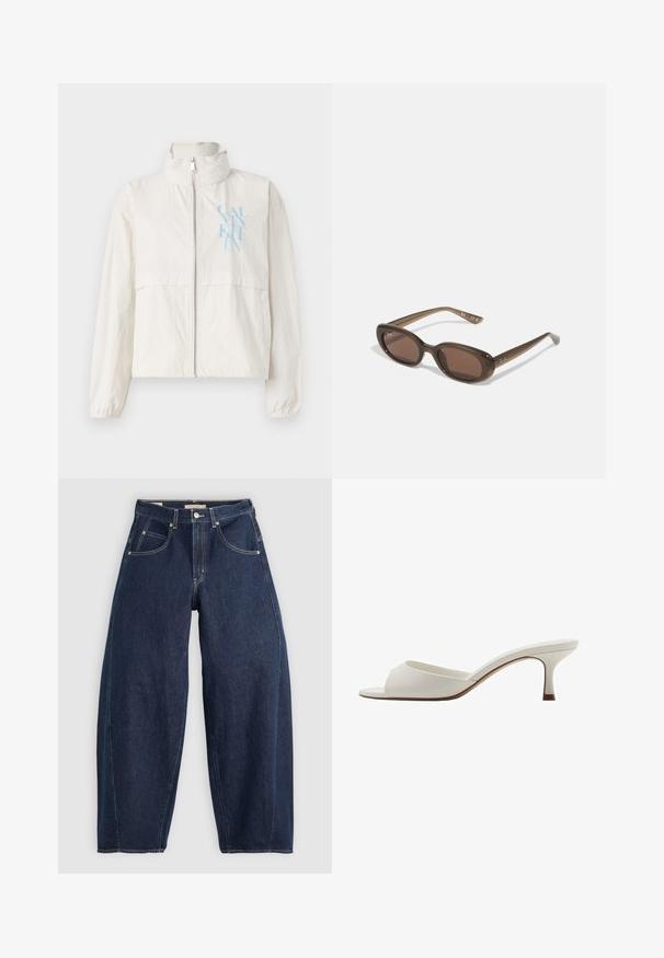 Lichte, crèmekleurige jas van een soepele stof met een hoge kraag, een ritssluiting aan de voorkant en een blauw logo op de linkerkant van de borst.; PULL&BEAR Top - white; Donkerblauwe denim jeans met een losse fit, lichte stiksels, vijf zakken en een knoopsluiting op de taille.; Witte open-toed hoge hakken met een gladde afwerking, minimalistisch ontwerp en een slanke hak, met een subtiele bruine accent op de zool.; Brown ovalen zonnebrillen met donkere lenzen. Het montuur is gemaakt van doorzichtig bruin materiaal en heeft een logo dat op de slapen is gedrukt.; Groeneleren handtas met een gladde textuur, gebogen vorm en gevlochten handvat. Beschikt over een ritsluiting en een verstelbare schouderband.