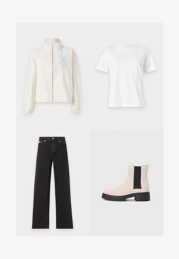 Lightweight, cream-colored jacket in a smooth fabric with a high collar, zipped front, and a blue logo on the left chest.; White cotton t-shirt with short sleeves, round neckline, and a relaxed fit. Smooth texture, no patterns or accents, minimalistic design.; Black wide-leg jeans made of denim, featuring a high-rise waist, five-pocket styling, and a metal button closure with contrasting stitching.; Beige suede Chelsea boot with black elastic side panel, chunky black sole, and pull tab at ankle.