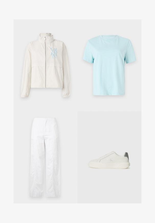 Lightweight, cream-colored jacket in a smooth fabric with a high collar, zipped front, and a blue logo on the left chest.; Light blue cotton t-shirt featuring short sleeves, a crew neck, and subtle 'Calvin Klein' embroidered logo on the front.; White wide-leg trousers made of lightweight fabric, featuring a smooth texture, clean lines, and a high waist design.; White sneaker made of leather with a smooth texture, featuring a silver accent on the heel, flat sole, and minimalistic design.