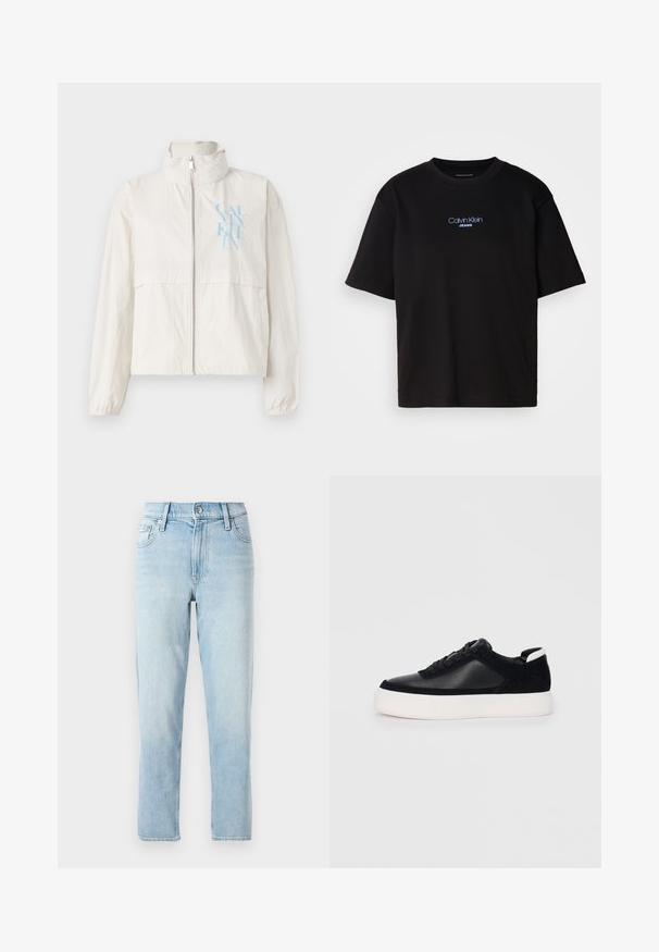 Könnyű, krémszínű dzseki sima anyagból, magas gallérral, cipzáros elülső résszel és kék logóval a bal mellrészen.; Fekete pamut póló kerek nyakkal, rövid ujjú, elöl kék hímzett "Calvin Klein JEANS" logóval.; Világoskék farmernadrág, egyenes szárú dizájn, közepes derékkal, öt zsebes stílusban és elöl gombos zárással.; Fekete sportcipő sima bőrből és velúr panelekkel, lapos fűzőkkel, kerek orral és fehér gumi talppal. Megkülönböztető logó a sarkán.