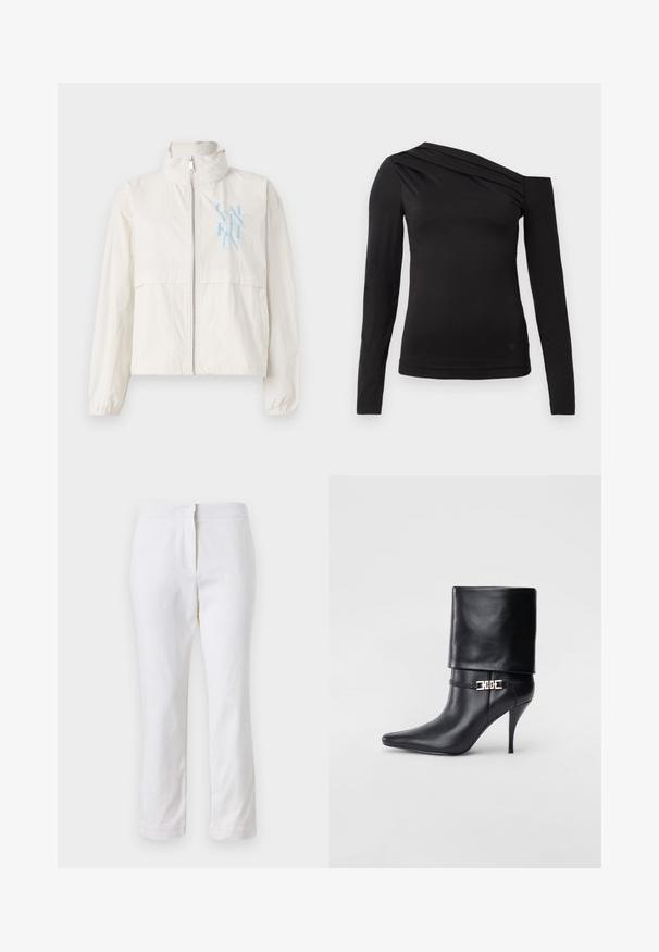 Lehká krémová bunda z hladké látky s vysokým límcem, zapínáním na zip vpředu a modrým logem na levé hrudi.; Černý top s dlouhým rukávem a asymetrickým výstřihem, jedním ramenem odkrytým a jemným drapováním přes hrudník.; Bílé bavlněné kalhoty s rovnou nohavicou, s středně vysokým pasem a bez viditelných kovových prvků nebo vzorů. Hladká textura po celém povrchu.; Černé kožené kotníkové boty s špičatou špičkou, vysokým stiletto podpatkem, ohrnovací manžetou a zlatým ozdobným přezkovým detailem na kotníku.