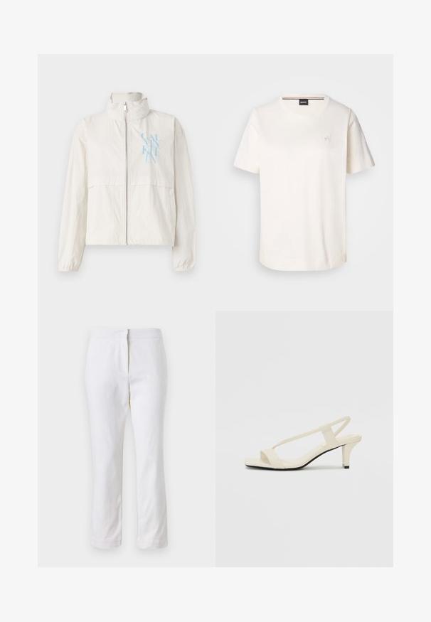 Lahka, smetana barve jakna iz gladkega materiala z visokim ovratnikom, z zadrgo spredaj in modrim logotipom na levem prsnem delu.; Bela bombažna majica s kratkimi rokavi, okrogel izrez in majhnim logotipom na prsih. Gladka textura in ravni rob.; Beli bombažne hlače s ravnim krojem, srednje visoko pasom, brez vidnih kovinskih elementov ali vzorcev. Gladka textura po vsej površini.; Bež sandale z blok peto, tankimi trakovi in kvadratnim prstom. Gladek material z minimalnim okrasjem, zasnovan za enostavno nošenje.