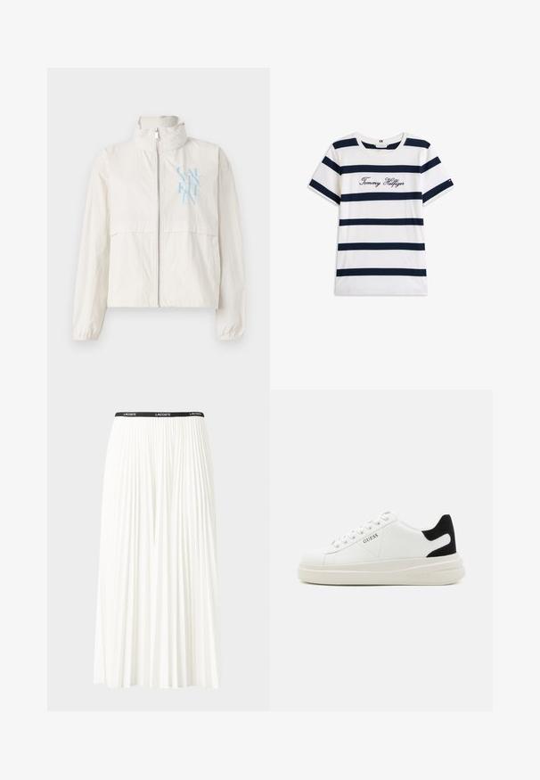 Kerge, kreemivärvi jakk siledast kangast, kõrge kraega, lukuga ees ja vasakul rinnal sinine logo.; Puuvillane T-särk horisontaalsete tumesiniste triipudega valgel taustal. Rinnal on kiri "Tommy Hilfiger" kantud kursiivis. Ümmargune kaelus.; Kurtitudega valge seelik musta elastse vööga, millel on "LACOSTE" logo. Keskmise pikkusega disain pehme tekstuuriga.; Valged nahast tennisetossud paksu valge tallaga, musta sametist kontsakeeuga ja külje peal riigilogo reljeefne kujundus. Lukkeskeem kuue silmaauguga.