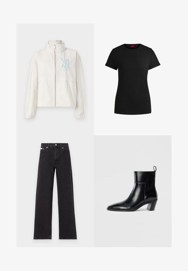 Jaqueta leve de cor creme, em tecido suave, com gola alta, fecho éclair na frente e um logótipo azul no lado esquerdo do peito.; T-shirt de algodão preto com mangas curtas enroladas, decote redondo e um rótulo vermelho. Textura suave, forma ajustada com detalhes mínimos.; Jeans de perna larga pretos feitos de denim, apresentando uma cintura alta, estilo de cinco bolsos e um fecho em botão de metal com costura contrastante.; Botim de cano baixo em couro preto com bico pontiagudo, um salto geométrico empilhado e uma alça na parte de trás. Textura suave e design elegante.