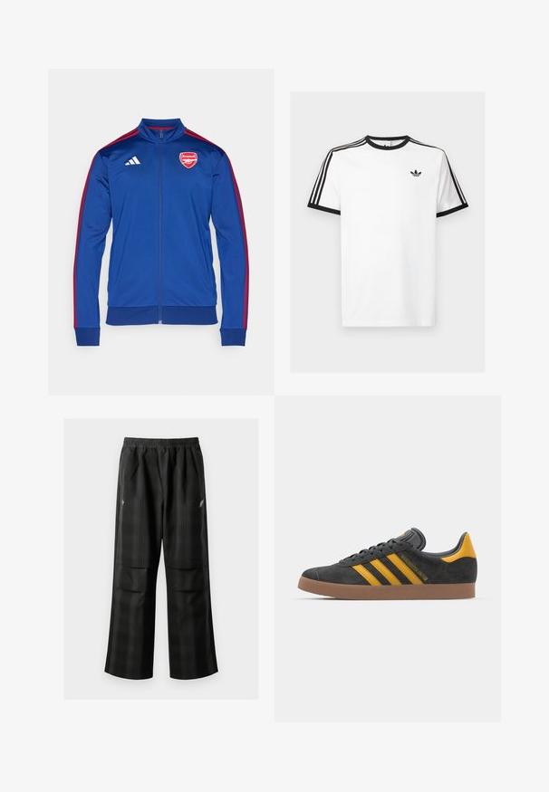 Blå polyester zip-up jakke med røde Adidas-striper. Har Arsenal-logo på brystet, høy krage og ribbestrikkede mansjetter og hem.; Hvit bomulls T-skjorte med svart ribbestrikket halslinning og ermer, med tre svarte striper på hver skulder og en liten logo på brystet.; Svarte rutete bukser med elastisk midje, to frontlommer og løs passform med rett ben-design. Laget av lett materiale.; Sort skinnesko i svart semsket skinn med gule detaljer, med tre striper og en brun gummisåle. Inkluderer en polstret tunge for komfort.