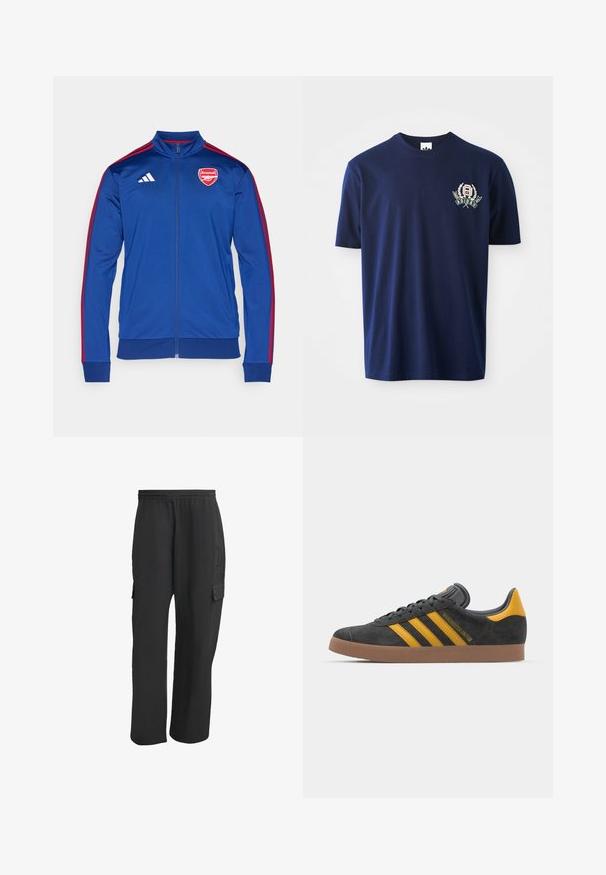 Plava poliester jakna sa patentnim zatvaračem i crvenim Adidas trakama. Na prsima se nalazi logo Arsenala, ima visoki ovratnik i rebraste manžete i rub.; Tamno plava pamučna majica s kratkim rukavima, okruglim izrezom i vezenim logotipom s lovorovim detaljima na lijevoj strani prsnog koša.; Crne cargo hlače s elastičnim pojasom, koje imaju bočne džepove, širok kroj i teksturiranu tkaninu. Dizajnirane za udobnost i praktičnost.; Crne nubuk tenisice s žutim detaljima, sa tri pruge i smešnim gumenim potplatom. Imaju jastučić na jeziku za udobnost.
