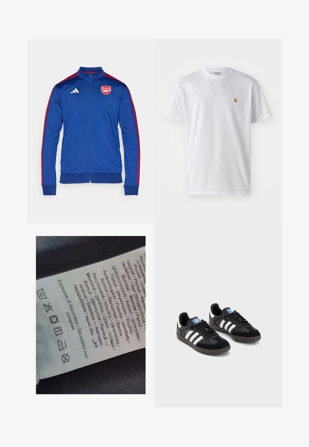 Sininen polyesterista valmistettu vetoketjullinen takki punaisilla Adidas-raidoilla. Takissa on Arsenal-logo rinnassa, korkea kaulus sekä ribbireunat hihansuissa ja helmassa.; Valkoinen puuvillapaita lyhyillä hihoilla, pyöreä kaula-aukko, jossa on pieni kultainen logo vasemmassa rintapielessä. Pehmeä kangas ja normaali istuvuus.; Tarran etiketti, jossa on monikielistä tekstiä, huoltovihjeitä ja kierrätysikoneita, painettuna pehmeälle kankaanomaista materiaalia, vaaleassa väreissä.; Mustat lenkkarit, joissa on mokkanahka- ja synteettinen päällinen, kolmella valkoisella raidalla, tekstuurilla varustettu kumipohja ja sininen logo-etiketti kielellä.