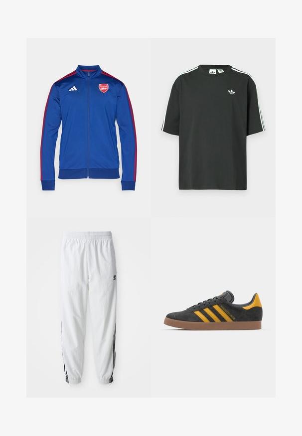 Plava poliester jakna sa patentnim zatvaračem i crvenim Adidas trakama. Na prsima se nalazi logo Arsenala, ima visoki ovratnik i rebraste manžete i rub.; Crna pamučna majica kratkih rukava, s okruglim izrezom i bijelim detaljima u obliku triju pruga na ramenima. Na prsima se nalazi mali bijeli logotip.; Bijele atletske hlače s crnim bočnim trakama, elastičnim pojasom i manžetama; sadrže Adidas logo na lijevom butu. Glatka tekstura tkanine.; Crne nubuk tenisice s žutim detaljima, sa tri pruge i smešnim gumenim potplatom. Imaju jastučić na jeziku za udobnost.
