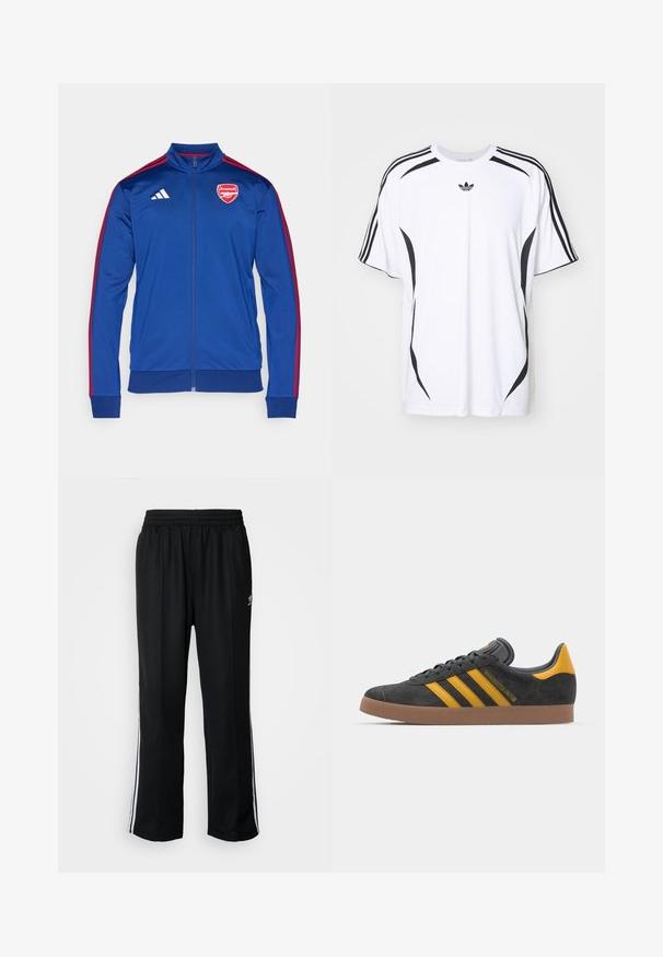 Zila poliestera jaka ar rāvējslēdzēju un sarkanām Adidas svītrām. Arsenāla logotips uz krūšu daļas, augsts apkakle un ribotie piedurkņu un apakšmalas gali.; Balts īsām piedurknēm T-krekls ar melnām sānu akcentiem un trim melnām svītrām uz pleciem. Iekļauta maza melna logo uz krūšu daļas.; Melni sporta bikses ar elastīgu jostas vietu, kurām ir baltas sānu svītras un neliels logotips. Materiāls izskatās mīksts un viegls.; Melnas zamšādas kedas ar dzelteniem akcentiem, kurām ir trīs svītras un brūna gumijas zole. Iekļauta mīksta valkāšanas tongue komfortam.