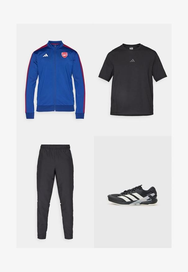 Blauwe polyester ritsjack met rode Adidas strepen. Voorzien van het Arsenal logo op de borst, hoge kraag, en ribgebreide manchetten en onderrand.; Zwart sport t-shirt van ademend materiaal, met korte mouwen, een ronde hals en een reflecterende logo op de borst.; Zwarte sportbroek met een elastische tailleband, taps toelopende benen en witte zijkanten. Gemaakt van synthetisch materiaal met een gladde textuur.; Zwarte sportschoen met witte strepen, bovenwerk van mesh, ronde neus en geveerde zool. Heeft een getextureerde hak en een veilig vetersysteem.