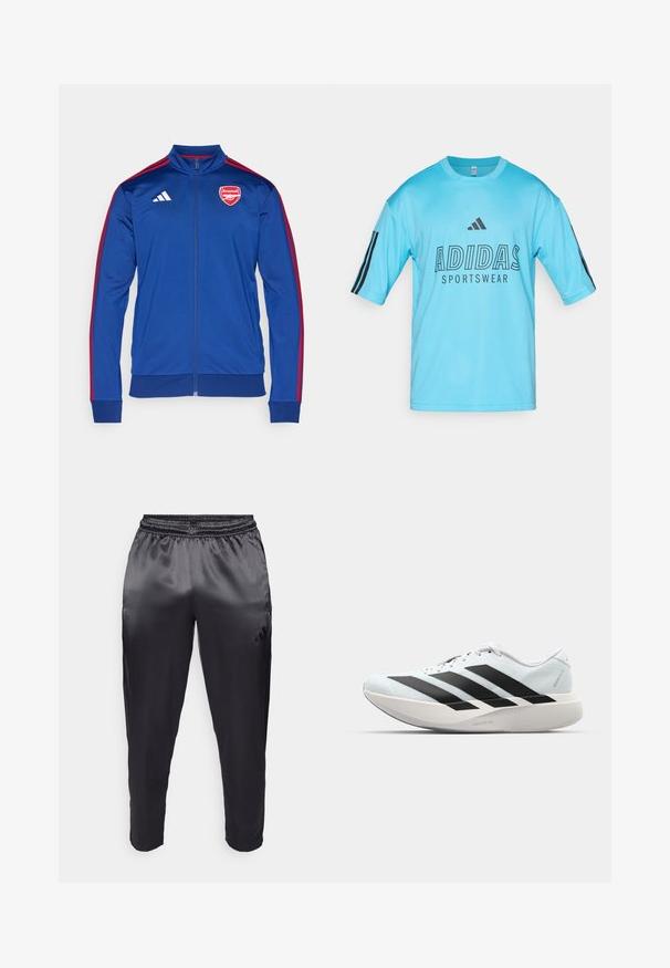 Jachetă albastră din poliester, cu fermoar, cu dungi roșii Adidas. Prezintă logo-ul Arsenal pe piept, guler înalt și manșete și tiv cu nervuri.; Cămașă sport Adidas de culoare albastru deschis, fabricată din material mesh. Dispune de mâneci scurte, guler rotund ribbed și logo negru cu text pe față.; Pantaloni sportivi negri dintr-un material neted, ușor, cu un tiv elastic. Au un logo mic pe partea stângă și picioare tapered.; Pantofi de alergare ușori în albastru deschis cu dungi negre. Au un superior neted, vârf rotund și o intermediară groasă albă etichetată "LIGHTSTRIKE PRO."