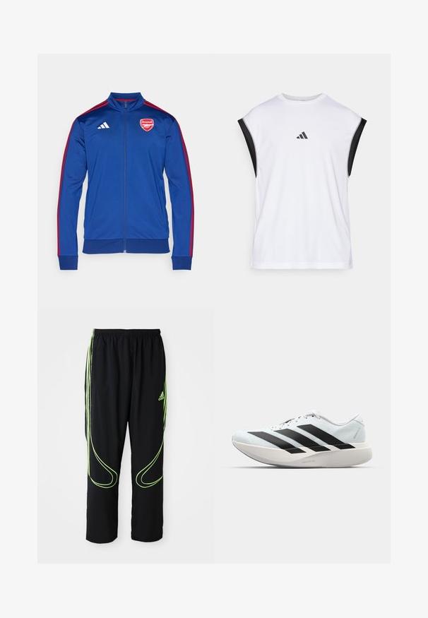 Blå polyester zip-up jacka med röda Adidas-ränder. Har Arsenal-logga på bröstet, hög krage och ribbade muddar och nederkant.; Vit sporttopp i tanktop-stil med svarta axelaccenter. Har en rund halsringning och en liten svart logotyp på framsidan. Slät tygtextur.; Svart Adidas träningsbyxor med neongröna böjda linjer och tre ränder på sidorna, elastisk midja och Adidas-logga på framsidan av låret.; Lätta löparskor i ljusblått med svarta ränder. Har en slät ovandel, rund tå och tjock vit mellansula märkt "LIGHTSTRIKE PRO."