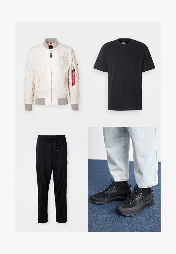 Light beige bomber jacket made of nylon, featuring ribbed cuffs and a grey collar. Zip closure with a side pocket and red tag detail.; Nike black cotton t-shirt with a classic crew neck, short sleeves, and a subtle, embossed logo on the chest. Smooth texture.; Black drawstring waist casual pants with side seam pockets and straight leg cut on a plain background.; Black athletic shoes with textured fabric and rubber soles, featuring elastic laces and a blue accent on the heel. Worn with light denim pants.