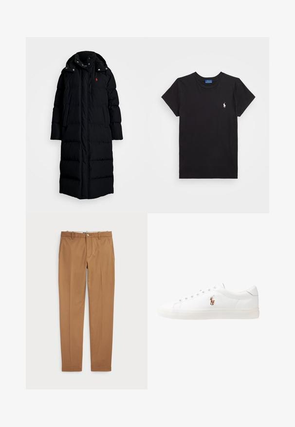 Polo Ralph Lauren HOODED DOWN COAT - Vinterkappa /-rock - black; Svart bomull t-shirt med rundad halsringning, kort ärm och en vit broderad logotyp på vänster bröst. Slät textur, avslappnad design.; Bruna bomullshängslen med en slim-fit-design, platt front och standardfickor; mjuk textur och fållade muddar.; Vita lädersneakers, låg design, med en slät yta, rund tå, snörning fram och en liten broderad logotyp på sidan.