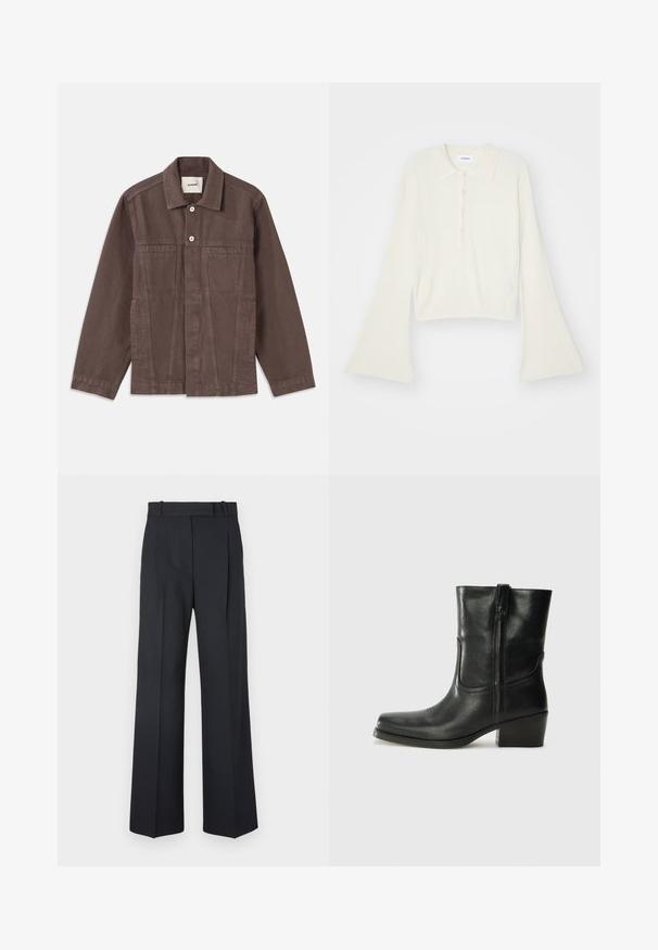 Jachetă grea, maro, cu închidere prin buton, buzunare la piept și guler clasic. Prezintă cusături structurale și buzunare laterale.; Tricou polo cu nervuri, de culoare crem, cu mâneci lungi și evazate, și clapetă cu cinci nasturi. Prezentă un guler cu o textură moale.; Pantaloni în dungi de culoare albastru închis, cu talie înaltă, design cu broek larghi și fără hardware sau embellishments vizibile. Textură netedă și croi adaptat.; Botine din piele neagră, cu vârf rotund, toc pătrat, fermoar pe lateral și accente de cusături pe partea superioară. Textură netedă, design clasic.