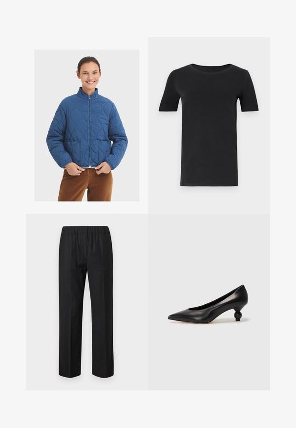 Modrá prošívaná bunda se zipem vpředu, vysokým límcem a dvěma kapsami. Má zakřivené stehy a uvolněný střih. Strukturovaný, středně těžký materiál.; Černé tričko s krátkým rukávem vyrobené z měkké bavlny, s kulatým výstřihem a klasickým střihem. Hladká textura, bez vzorů nebo ozdob.; Černé kalhoty s elastickým pasem, rovný střih, bez viditelných kapes. Hladký materiál s matným povrchem.; Černá kožená vysoká bota na podpatku s špičatou špičkou a kulatým, zaobleným podpatkem. Hladká textura s elegantním, minimalistickým designem.