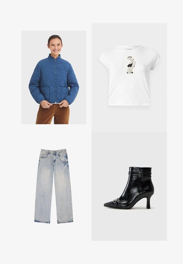 Blå quiltet jakke med lynlås foran, høj krave og to lommer. Har buede syninger og en afslappet pasform. Tekstureret, mellemvægtigt materiale.; Hvid bomulds t-shirt med korte ærmer, der har et sort-hvidt fotografi trykt på forsiden af en figur i et sort outfit.; Lysblå denimjeans med lige ben-design, der har slidte detaljer, fem lommer og synlige sømdetaljer.; Tamaris Støvletter m/ kilehæl - black