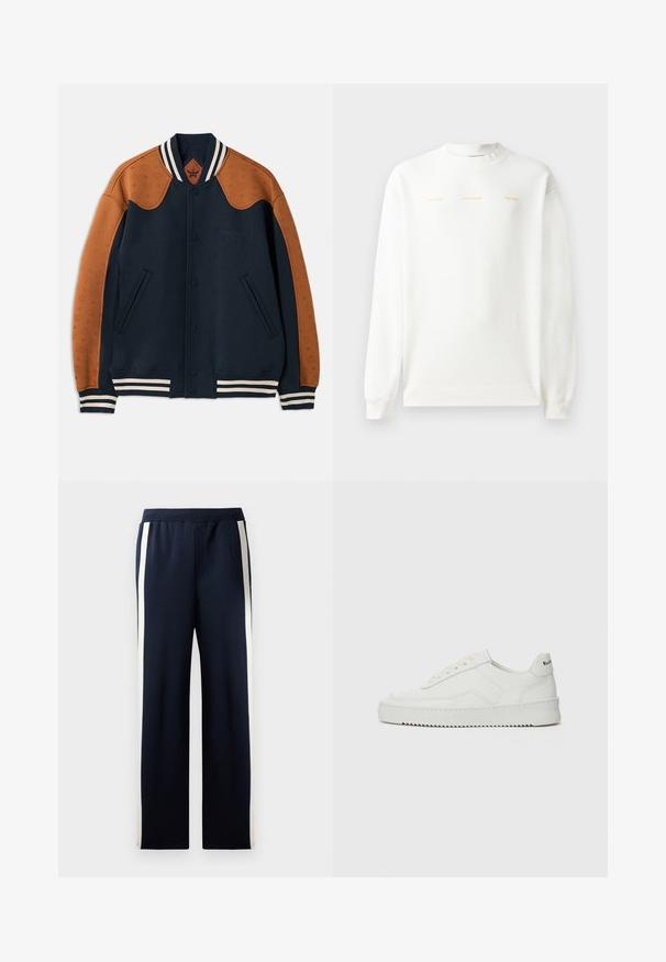 Námořnická modrá varsity bunda s hnědými koženými rukávy, pruhovaným límcem, strukturovanými ramenními panely a předními klopinovými zapínáními. Obsahuje boční kapsy.; Bílá mikina se zaobleným výstřihem, dlouhými rukávy a žebrovanými manžetami. Na hrudi je zlatý potisk s textem: "HZW (25-26) HOLZWEILER THE SUN."; Námořnické tepláky s širokým střihem, které mají podél stran vertikální krémové pruhy. Vyrobené z měkké texturované tkaniny s elastickým pasem.; Bílé kožené tenisky s hladkým povrchem, kulatou špičkou, plochými tkaničkami a texturovanou podrážkou. Na patě se nachází nenápadné logo.