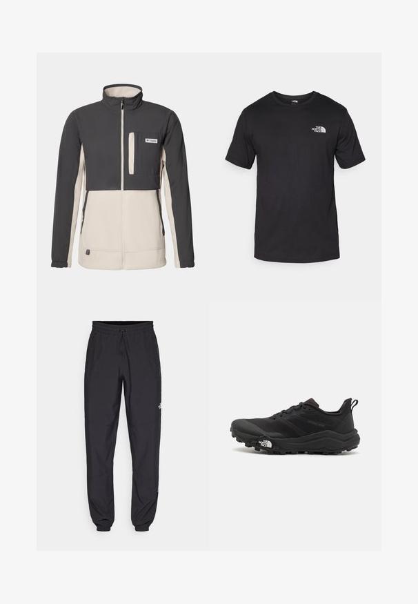 Columbia UNCHARTED™ FULL ZIP - Flisinė striukė - shark, dark stone; Juodas trumpas rankovės marškinėliai, pagaminti iš medvilnės, su apvaliu kaklu ir mažu baltu logotipu viršutiniame kairiajame krūtinės kampe.; Juodos sportinės kelnės, pagamintos iš lengvos medžiagos, su raišteliu liemens srityje, šoniniais kišenėmis ir siaurėjantys apykaklės prie kulkšnies.; Juoda bėgimo batai su tekstūruotu paviršiumi, guma padais ir sustiprinta pirštų dalimi. Yra paminkštinta apykaklė ir kilpos, leidžiančios lengvai užsidėti.