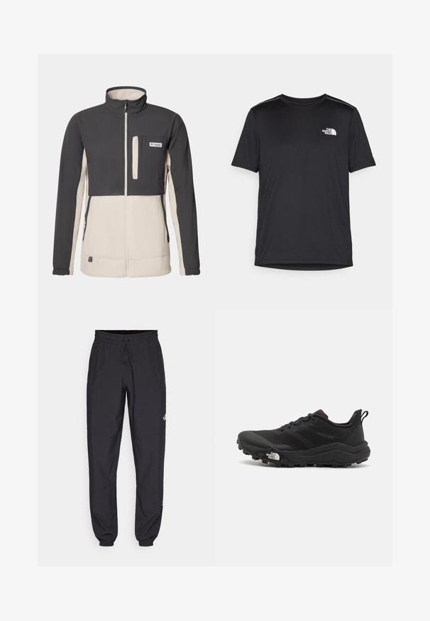 Columbia UNCHARTED™ FULL ZIP - Polárdzseki - shark, dark stone; Fekete, rövid ujjú póló, könnyű anyagból készült. Bal mellen egy kis fehér logó található, és finom vállrész kiemelések.; Fekete sportnadrág, könnyű anyagból készült, húzózsinóros derékkal, oldalsó zsebekkel és szűkített szárakkal a bokáknál.; Fekete terepfutó cipő, textúrált felső résszel, gumitalppal és megerősített lábujjrészével. Párnázott bokarésszel és húzófüllel rendelkezik a könnyű felhúzáshoz.