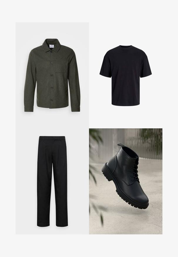 Lindbergh CROPPED LENGTH OVERSHIRT JACKET - Vasaras jaka - dark khaki melange; Melns kokvilnas T-krekls ar apaļu kakla izgriezumu, īsām piedurknēm un brīvu piegriezumu. Gluda tekstūra un nav redzamu rakstu vai akcentu.; Melnas bikses, izgatavotas no gludas auduma, ar taisnu kāju dizainu, divām priekšējām krokām un standarta jostu, kurai ir āķi.; Melnas ādas potītēm līdzīgas kurpes ar noapaļotu purngalu, saistīšanas sistēmu un izturīgu gumijas zoli. Gluda virsma ar cilpu aizmugurē.