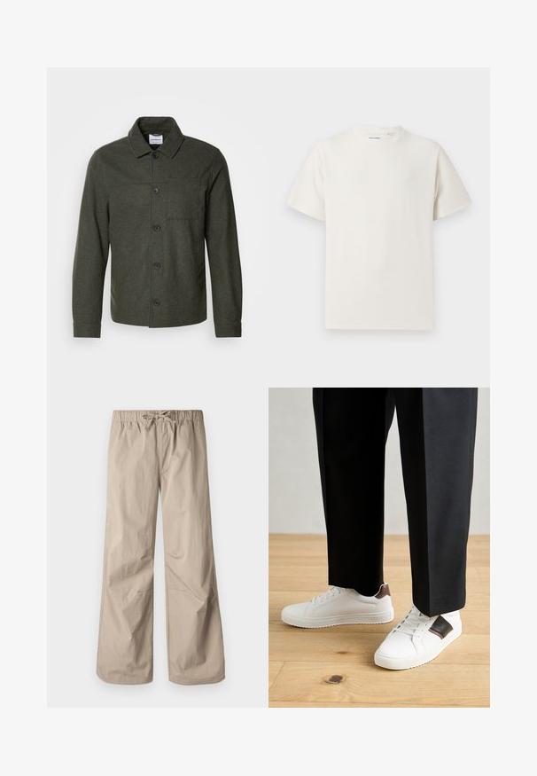 Lindbergh CROPPED LENGTH OVERSHIRT JACKET - Jachetă de vară - dark khaki melange; Tricou alb cu maneci scurte, dintr-un material ribbed. Guler rotund, croi lejer, fără modele sau accente vizibile. Design simplu și versatil.; Pantaloni largi beji cu talie elastică și șnur. Textură netedă, două buzunare laterale și cusături minime pentru un aspect relaxat.; Sneakers albe cu textură netedă, având accente din piele maro și detalii negre, asociate cu pantaloni negri pe măsură. Fundal din podea din lemn.