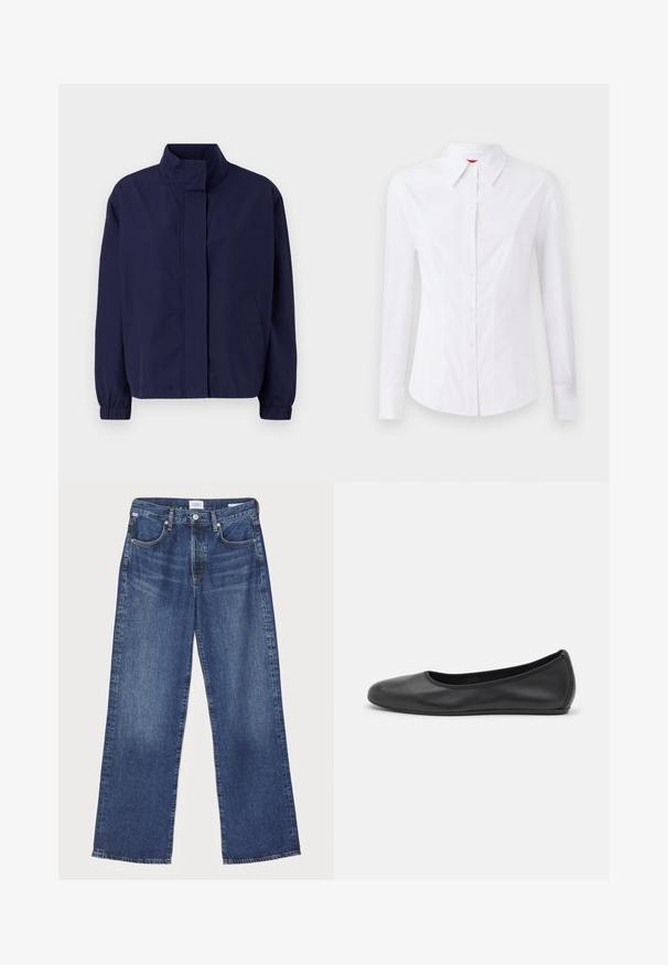 Tumedas sinine kerge jope kõrge kraega, elastsete mansettide ja küljetaskutega. Sile tekstuur, lihtne disain ja nähtamatud kinnitused.; Valge pikkade varrukatega särk terava kraega, ees nupuga kinnitatud ja keha lähedalt lõigatud. Sile puuvillane kangas peente õmblusdetailidega.; Citizens of Humanity ANNINA - Sirgete säärtega teksad - westwood dark indigo; Musthave mustika tantsutossud mustast nahast, ümmarguse varbaga, siledast tekstuurist, minimaalse õmblusdetailiga ja paindliku tallakujundusega.