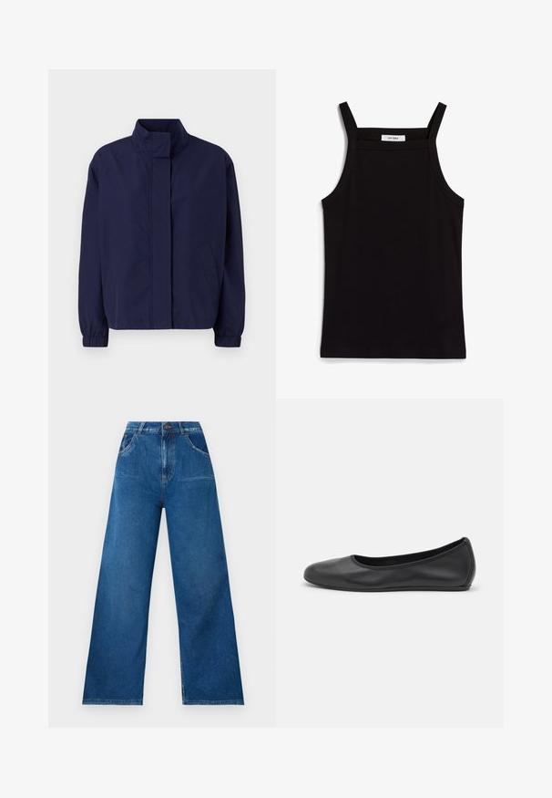 Sötétkék, könnyű dzseki magas gallérral, rugalmas mandzsettákkal és oldalsó zsebekkel. Simma textúra, letisztult kialakítás és láthatatlan záródások nélkül.; Fekete ujjatlan felső, vékony spagetti pántokkal, bordás anyagból készült, egyenes vonalú fazonnal, a nyakrészen "IVY OAK" felirattal.; Sötétkék denim széles lábú farmer magas derekú fazonban, elülső és hátsó zsebekkel, valamint kontrasztos varrási részletekkel.; Fekete bőr balettcipő lekerekített orral, sima tekstúrával, minimális varrással és rugalmas talp kialakítással.