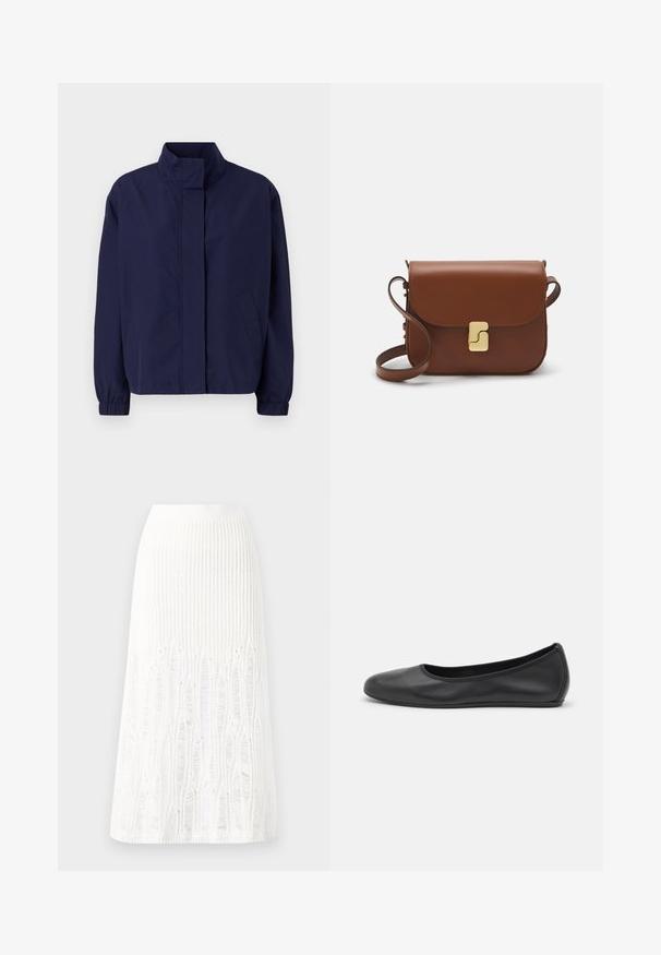 Marineblauwe lichtgewicht jas met een hoge kraag, elastische manchetten en zijzakken. Gladde textuur, eenvoudig ontwerp en geen zichtbare sluitingen.; Witte korte mouwen t-shirt van ribstof. Ronde halslijn, normale pasvorm en subtiele stiksels. Geen patronen of grafische elementen.; Gehaakte witte midi rok met een textuurpatroon met verticale lijnen en uitsparingen nabij de zoom. Elastische tailleband. Zacht materiaal.; Zwarte leren ballerina met een ronde neus, gladde textuur, minimale stikdetails en een flexibele zoolontwerp.; Bruine leren handtas met een klep sluiting, gouden hardware, een schouderband en een gladde textuur. Compact rechthoekige vorm.