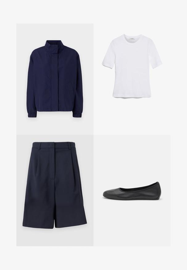 Chaqueta ligera de color azul marino con un cuello alto, puños elásticos y bolsillos laterales. Textura suave, diseño simple y sin cierres visibles.; Camiseta de manga corta blanca hecha de tela de canalé. Cuello redondo, corte regular y detalles de costura sutiles. Sin patrones ni gráficos.; Pantalones cortos ajustados azul marino fabricados con un tejido suave, con cintura alta, pliegues en el frente y bolsillos laterales. Silueta limpia y estructurada.; Bailarina de piel negra con punta redondeada, textura suave, detalle de costura minimalista y diseño de suela flexible.