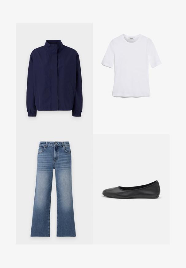 Navy blue lightweight jacket with a high collar, elastic cuffs, and side pockets. Smooth texture, simple design, and no visible fastenings.; White short-sleeve t-shirt made of ribbed fabric. Round neckline, regular fit, and subtle stitching details. No patterns or graphics.; Light blue denim wide-leg jeans with a high waist, featuring front pockets, a button closure, and a faded pattern on the legs.; Black leather ballet flat with a rounded toe, smooth texture, minimal stitching detail, and a flexible sole design.