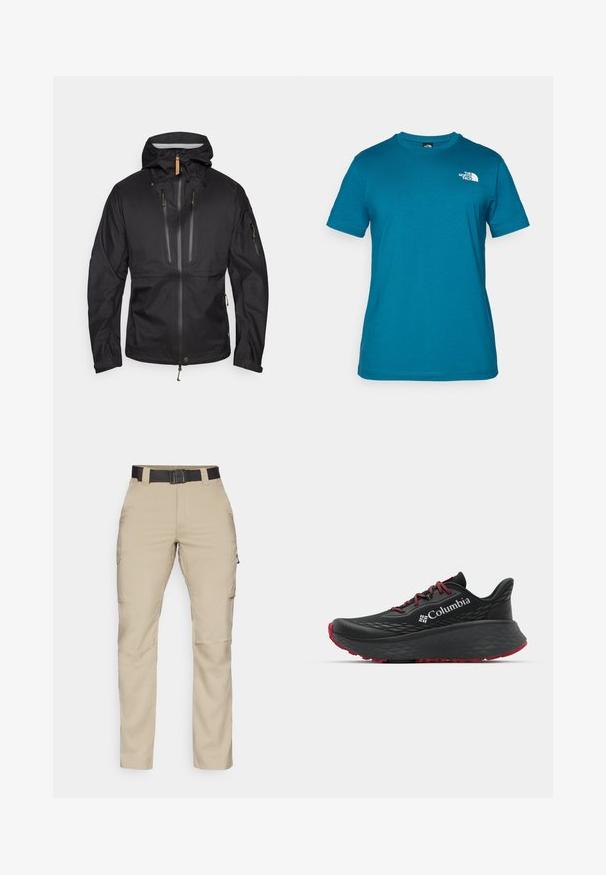 Fjällräven KEB ECO-SHELL JACKET M - Veste Hardshell - black; T-shirt à manches courtes teal en coton doux, arborant un logo blanc imprimé sur le côté gauche de la poitrine et un col rond classique.; Pantalons cargo beiges avec plusieurs poches, une ceinture noire réglable et une coupe droite. Fabriqués en tissu léger et durable.; Chaussure de sport noire avec tige texturée, lacets rouges et logo. Semelle épaisse avec motif de la semelle pour une meilleure adhérence. Design minimaliste, vue de côté.