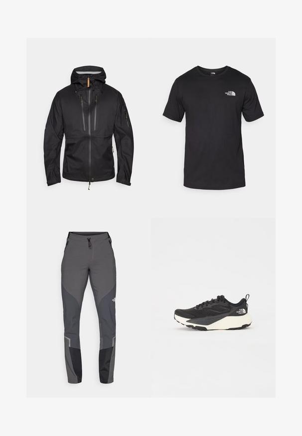 Fjällräven KEB ECO-SHELL JACKET M - Veste Hardshell - black; T-shirt noir à manches courtes en coton, avec un col rond et un petit logo blanc sur le côté supérieur gauche de la poitrine.; Pantalons de randonnée gris avec une coupe fuselée, plusieurs poches et des accents noirs et gris foncé contrastants. Fabriqués en un matériau flexible et durable.; Chaussure de sport noire avec une tige en mesh texturé, accents noirs solides et semelle extérieure légère blanche. Dispose d'un système de laçage et d'une tirette.
