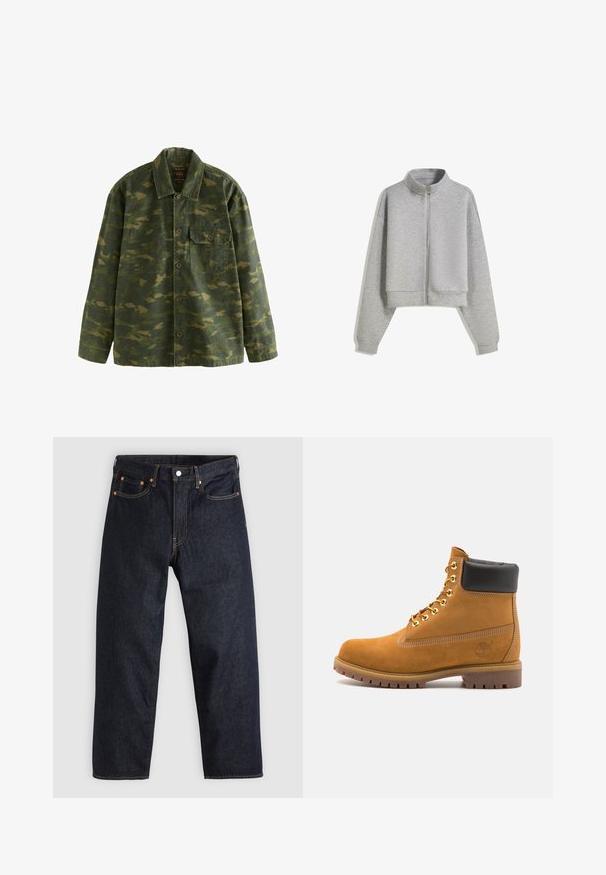 Zelená a hnedá maskáčová košeľa s dlhými rukávmi, golierom a jedným zapínacím vreckom na hrudi na ľavej strane.; Skrátená šedá mikina na zips s vysokým golierom, dlhými rukávmi a rebrovanými manžetami. Vyrobená z mäkkého, ľahkého materiálu s hladkou textúrou.; Biela tričko priliehajúceho strihu vyrobené z bavlny. Okrúhly výstrih, krátke rukávy, hladká textúra. Malá čierna nášivka s logom na lemovaní. Jednoduchý dizajn.; Tmavomodré džínsy s rovnými nohavicami, piatimi vreckami, kontrastným oranžovým prešívaním a gombíkovým zapínaním. Žiadne viditeľné vzory alebo ozdoby.; Tyrkysové semišové členkové topánky s čiernym polstrovaným golierom, zlatými kovovými očkami, bielym prešívaním a robustnou gumovou podrážkou s výraznými drážkami.