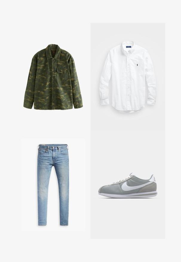 Grüne und braune Tarnmuster-Hemdjacke mit langen Ärmeln, Kragenhals und einer einzigen, mit Knopf versehenen Brusttasche auf der linken Seite.; Weißes Langarm-Hemd aus Baumwolle mit Knopfleiste. Es zeichnet sich durch einen klassischen Kragen, Knopfmanschetten und ein kleines, navyblaues gesticktes Logo auf der Brust aus.; Hellblaue Slim-Fit-Jeans mit leichtem Verblassen an den Oberschenkeln, vorderem Knopfverschluss, Gürtelschlaufen und Fünf-Taschen-Stil auf einem weißen Hintergrund.; Graue Sportausstattung mit einem Obermaterial aus Wildleder und Textil, weißem Nike-Swoosh und weißen Schnürsenkeln. Verfügt über eine strukturierte Gummisohle und einen gepolsterten Kragen.