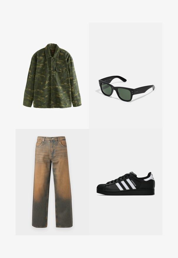 Zielona i brązowa kurtka w kamuflaż z guzikiem, z długimi rękawami, kołnierzykiem oraz jedną kieszenią na guzik po lewej stronie.; Biały bawełniany top na ramiączkach z okrągłym dekoltem, szerokimi ramiączkami i prostym dołem, charakteryzujący się gładką teksturą i brakiem widocznych wzorów.; Jeansy o szerokich nogawkach w przetartym niebieskim i brązowym denimp. Posiadają wysoki stan, przednie kieszenie oraz klasyczne zapięcie na guzik z metalowymi akcentami.; Czarne sneakersy Adidas Superstar z białymi paskami, noskiem w kształcie muszli i napisem "Superstar" na boku, zaprezentowane w profilu bocznym na białym tle.; Czarne prostokątne okulary przeciwsłoneczne z zielonymi soczewkami, matowe wykończenie, subtelne akcenty metalowe i wytłoczone logo na zauszniku.; Trzy bandany: jedna żółta z czarnymi wzorami, jedna biała z czarnymi grafikami, a jedna czarna z białymi grafikami. Wszystkie są kwadratowe, wykonane z lekkiego materiału.